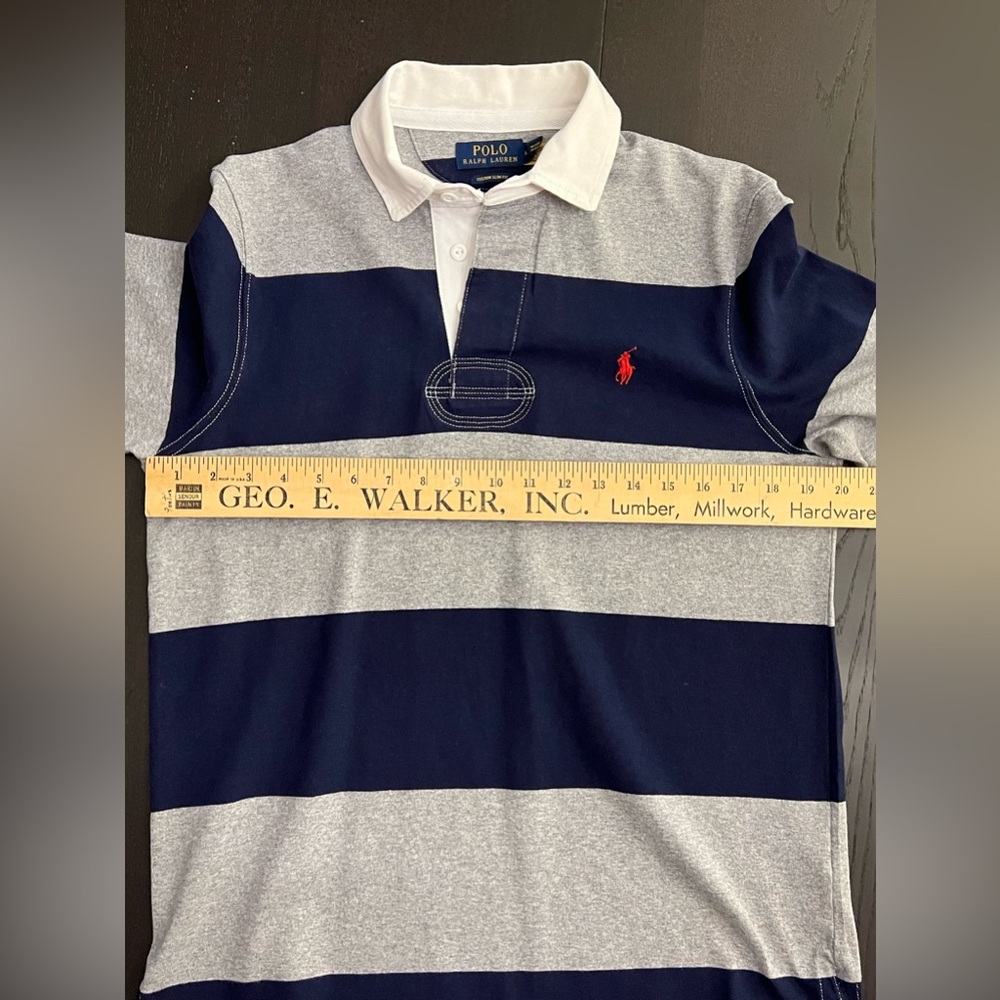 Ralph Lauren Men's Grey and Navy Striped Rugby Shirt Custom Fit Medium - Picture 4 of 6